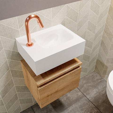 MONDIAZ ANDOR Toiletmeubel - 40x30x30cm - 1 kraangat - 1 lades - washed oak mat - wasbak rechts - Solid surface - Wit SW474261