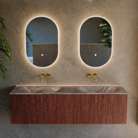 MONDIAZ KURVE-DLUX Meuble de salle de bains 150cm couleur Ruby avec 2 tiroirs et 0 porte. Lavabo STOR SMALL double sans trou de robinet Sombra. SW1434006