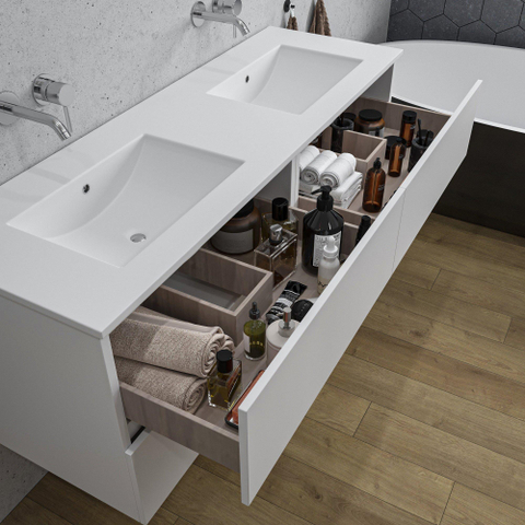 Saniclass Chaci Meuble de salle de bain - 140x46x55cm - 4 tiroirs - lavabo en céramique blanc - 2 vasques - sans trous de robinet - blanc mat SW1171452