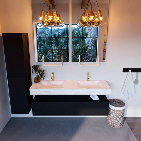 Mondiaz ALAN-DLUX Ensemble de meuble - 150cm - meuble Urban mat - 1 tiroir - Lavabo Cloud Ostra suspendu - vasque Gauche et droite - 2 trous de robinet SW807601