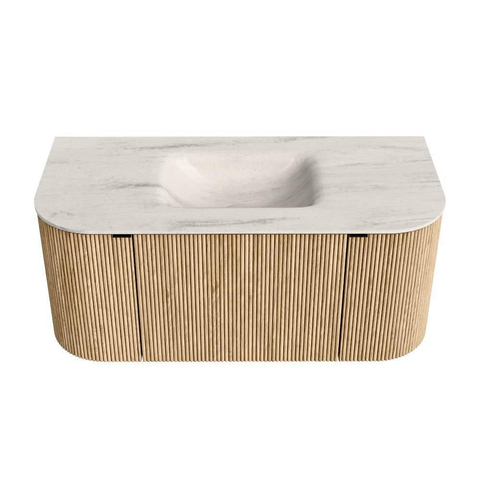 MONDIAZ KURVE-DLUX meuble de salle de bains 100cm arrondi Gauche + Droite couleur Chêne avec 1 tiroir et 2 portes. Lavabo GRUNNE Central sans trou de robinet Meli. SW1431577