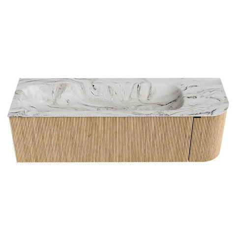 MONDIAZ KURVE-DLUX 145cm badmeubel met module 25 R kleur Oak met 1 lade en 1 deur. Wastafel BIG LARGE links zonder kraangat kleur Glace. SW1137985