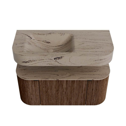 MONDIAZ THOR-DLUX Meuble de salle de bains 100cm arrondi gauche + droite couleur Walnut avec 1 tiroir et 2 portes. Vasque suspendue CLOUD Gauche 1 trou de robinet couleur Arena. SW1467450