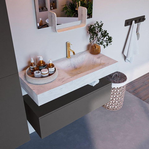 Mondiaz ALAN-DLUX Ensemble de meuble - 100cm - meuble Dark grey mat - 1 tiroir - Lavabo Cloud Opalo suspendu - vasque Droite - 1 trou de robinet SW806164