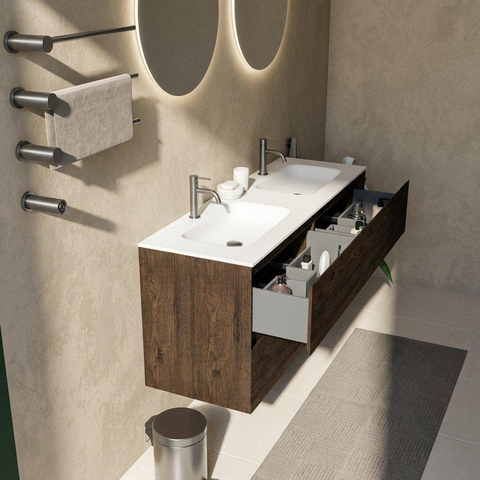 Saniclass Holz Pure Badkamermeubelset - 140x45x61.5cm - Flow solid surface wastafel wit - 2 wasbakken - 2 kraangaten - 4 lades - mat eiken charcoal (hout) SW1478440