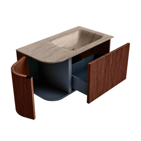 MONDIAZ KURVE-DLUX Meuble de salle de bains 85cm arrondi à gauche couleur Ruby avec 1 tiroir et 1 porte. Lavabo CLOUD à droite 1 trou de robinet Saba. SW1433437