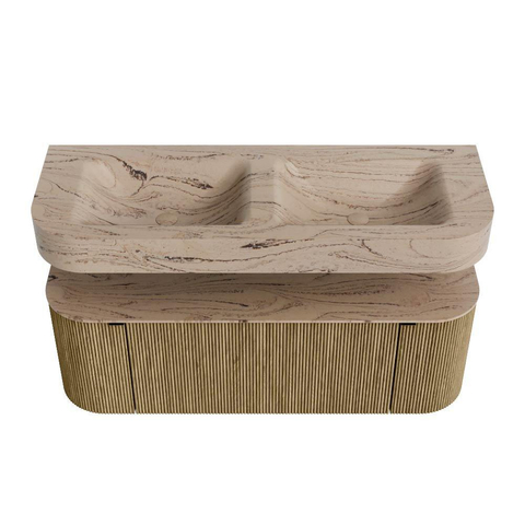 MONDIAZ THOR-DLUX 130cm meuble de salle de bains arrondi gauche + droite couleur Dusk avec 1 tiroir et 2 portes. Vasque suspendue CLOUD Double 2 trous de robinet couleur Arena. SW1463780