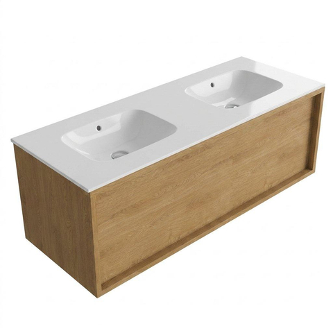 Saniclass Holz Frame Badkamermeubelset - 120x45x41.5cm - Flow solid surface wastafel wit - 2 wasbakken - zonder kraangaten - 1 lade - mat eiken natural (hout) SW1478413