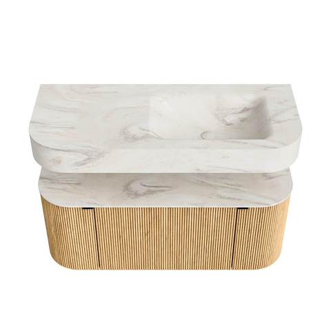 MONDIAZ THOR-DLUX 110cm meuble de salle de bains arrondi gauche + droite couleur Oak avec 1 tiroir et 2 portes. Vasque suspendue CLOUD Droite sans trou de robinet couleur Ostra. SW1462738