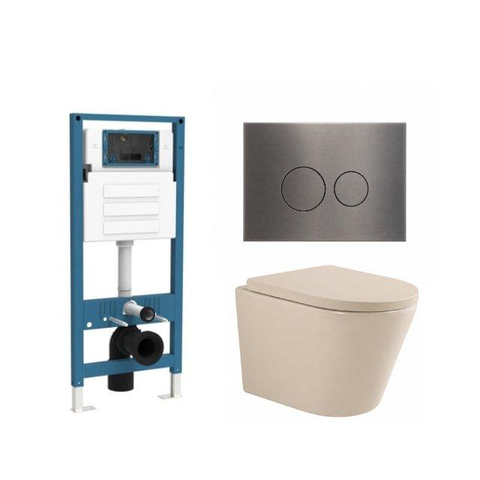 QeramiQ Dely Ensemble de toilette - réservoir encastré Qeramiq Flush - abattant 35mm - plaque de commande métal gunmetal - boutons ronds - beige SW1578602