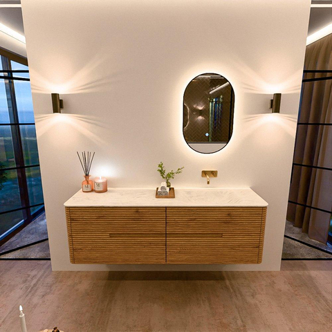 Mondiaz CIRO-DLUX Meuble de salle de bains - 160x45x50cm - Plan vasque solid surface Opalo - 1 vasque à droite - sans trous de robinet - 4 tiroirs - Chêne SW1530914