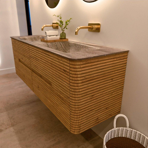 Mondiaz CIRO-DLUX Badkamermeubelset - 150x45x50cm - Solid surface wastafel Oza - 2 wasbak Dubbel - zonder kraangaten - 4 lades - Oak SW1531139
