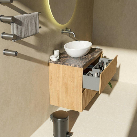 Saniclass Holz Atelier Badkamermeubelset - 80x45x63cm - Noche natuurstenen topblad dark emperador - zonder kraangat - 2 lades - mat eiken natural (hout) SW1478252