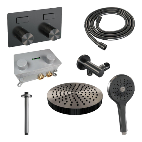 BRAUER Stripe Thermostatische Inbouw Regendouche - drukknoppen - SET 30 - 25cm douchekop - plafondarm - 3-standen handdouche - doucheslang - wandaansluitbocht - gunmetal geborsteld PVD SW1435008