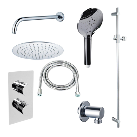 Fortifura Calvi Inbouw Regendoucheset - thermostatisch - wandarm - glijstang - 30cm - hoofddouche - ronde handdouche - metalen doucheslang - hoogglans chroom SW1412051