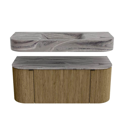 MONDIAZ THOR-DLUX Meuble de salle de bains 110cm arrondi gauche + droite couleur Dusk avec 1 tiroir et 2 portes. Vasque suspendue CLOUD Milieu sans trou de robinet couleur Sombra. SW1463019