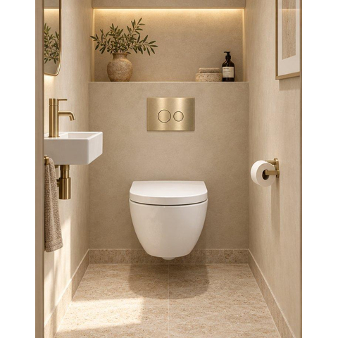 QeramiQ Dely Swirl Compact Toiletset - inbouwreservoir QeramiQ flush - 25mm zitting - metalen bedieningsplaat messing geborsteld (goud) - ronde knoppen - glans wit SW1590607