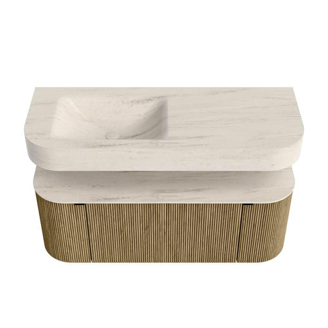 MONDIAZ THOR-DLUX 120cm meuble de salle de bains arrondi gauche + droite couleur Dusk avec 1 tiroir et 2 portes. Vasque suspendue CLOUD gauche 1 trou de robinet couleur Meli. SW1463308