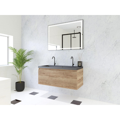 H&R Badmeubelen Matrix 3D badkamermeubelset 100cm 1 lade greeploos met greeplijst in kleur French oak met wasbak djazz 2 kraangaten zwart mat SW857071