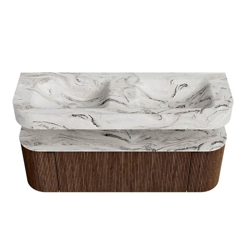 MONDIAZ THOR-DLUX 140cm meuble de salle de bains arrondi gauche + droite couleur Walnut avec 1 tiroir et 2 portes. Vasque suspendue CLOUD Double 2 trous de robinet couleur Glace. SW1463952