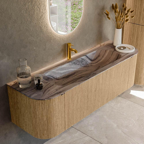 MONDIAZ KURVE-DLUX Meuble de salle de bains 150cm arrondi gauche + droite couleur chêne avec 1 tiroir et 2 portes. Lavabo BIG MEDIUM central 1 trou de robinet Sombra. SW1433559