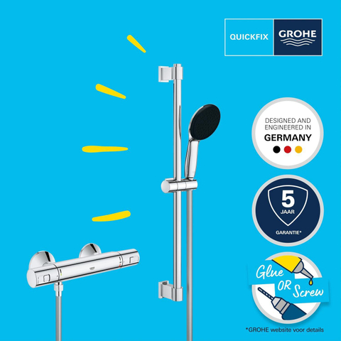 GROHE Precision Start Ensemble de douche - mitigeur thermostatique - avec ensemble de douche - 60cm - douchette ronde - 1 type de jet - flexible de douche lisse - chrome SW1028143