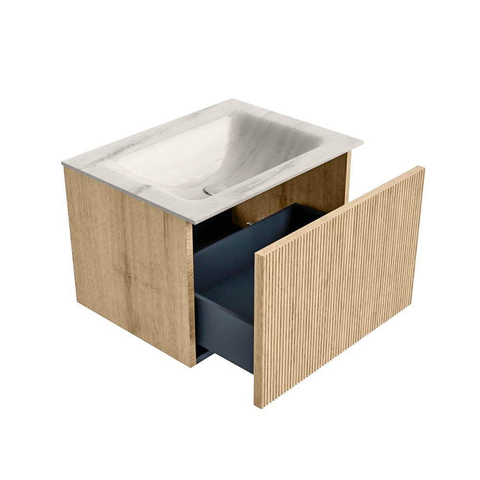 MONDIAZ KURVE-DLUX 60cm badmeubel kleur Oak met 1 lade en 0 deuren. Wastafel CLOUD Midden zonder kraangat Meli. SW1431579
