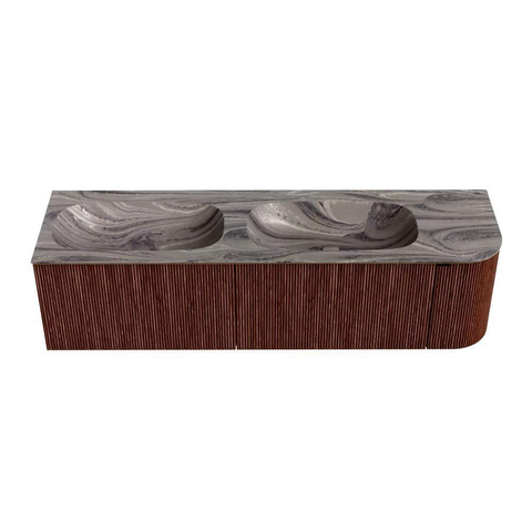 MONDIAZ KURVE-DLUX 165cm meuble de salle de bains arrondi droit couleur Ruby avec 2 tiroirs et 1 porte. Lavabo STOR SMALL Double / Gauche 2 trous de robinet Sombra. SW1434001