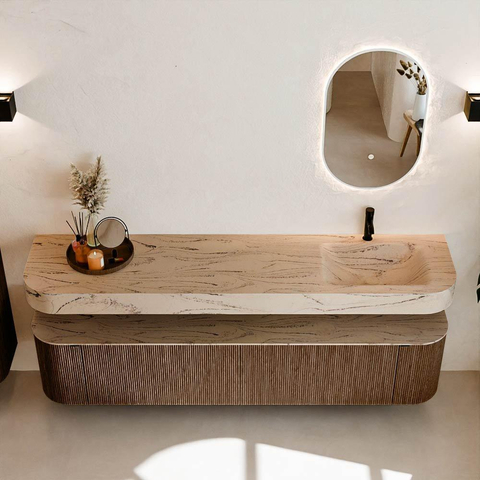 MONDIAZ THOR-DLUX 200cm meuble de salle de bains arrondi gauche + droite couleur Walnut avec 2 tiroirs et 2 portes. Vasque suspendue CLOUD Droite 1 trou de robinet couleur Arena. SW1467066