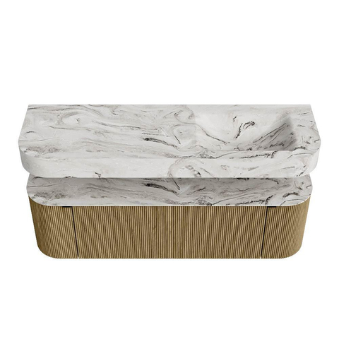 MONDIAZ THOR-DLUX 150cm meuble de salle de bains arrondi gauche + droite couleur Dusk avec 1 tiroir et 2 portes. Vasque suspendue CLOUD Droite 1 trou de robinet couleur Glace. SW1464537