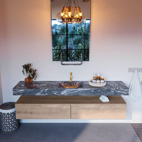 Mondiaz ALAN-DLUX Ensemble de meuble - 200cm - meuble Washed Oak mat - 2 tiroirs - Lavabo Cloud Lava suspendu - vasque Centre - 1 trou de robinet SW808781