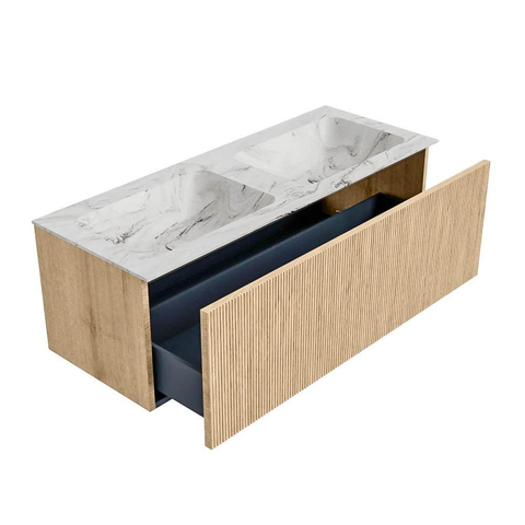 MONDIAZ KURVE-DLUX meuble de salle de bains 120 cm couleur Oak avec 1 tiroir. Lavabo LEAF double sans trou de robinet couleur Glace. SW1137952