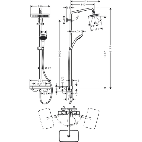 Hansgrohe Croma e 280 - showerpipe: - met douchekraan - thermostatisch - met 1jet - hoofddouche - ecosmart - met 3jet - handdouche multi en doucheslang - 200cm - thermostaat - hoogglans chroom SW297557