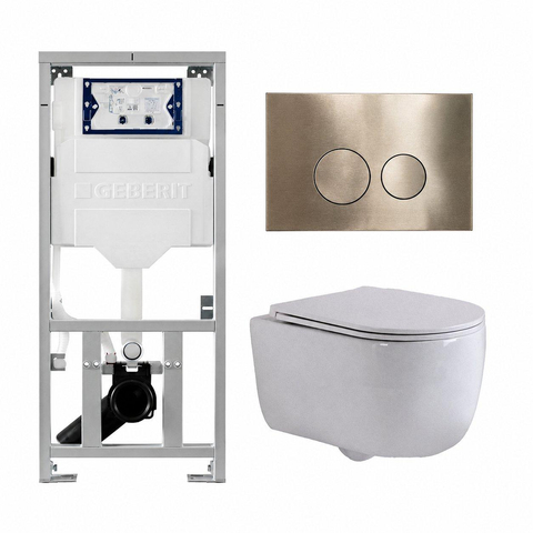 QeramiQ Dely Swirl Toiletset - 36.3x51.7cm - diepspoel - rimless - Geberit UP320 inbouwreservoir - met Burda frame -slim zitting - geborsteld messing bedieningsplaat - ronde knoppen - mat wit SW1126114