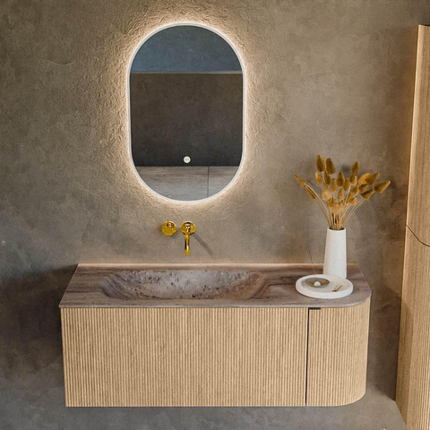 MONDIAZ KURVE-DLUX Meuble de salle de bains 115cm arrondi à droite couleur Chêne avec 1 tiroir et 1 porte. Lavabo BIG SMALL gauche sans trou de robinet Oza. SW1432624