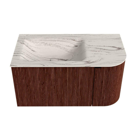 MONDIAZ KURVE-DLUX Meuble de salle de bains 85 cm arrondi à droite couleur Ruby avec 1 tiroir et 1 porte. Lavabo CLOUD à gauche 1 trou de robinet Nata. SW1432514