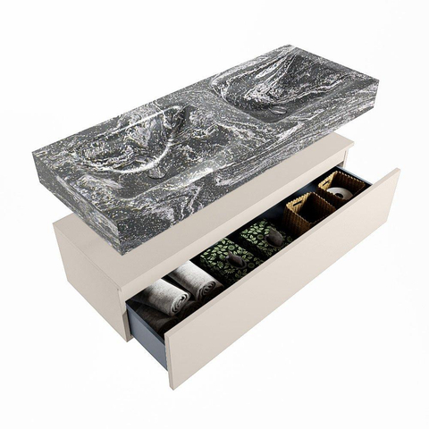 Mondiaz ALAN-DLUX Ensemble de meuble - 120cm - meuble Linen mat - 1 tiroir - Lavabo Cloud Lava suspendu - vasque gauche et droite - 0 trous de robinet SW808184