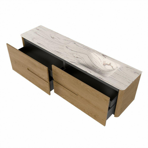 Mondiaz CIRO-DLUX Meuble de salle de bains - 190x45x50cm - Plan vasque solid surface Nata - 1 lavabo à droite - 1 trou de robinetterie - 4 tiroirs - Chêne SW1531480