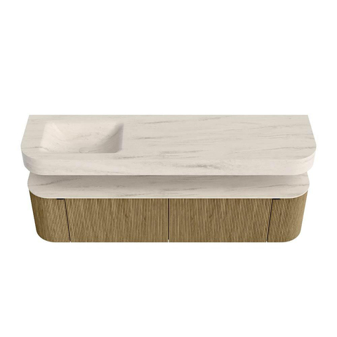 MONDIAZ THOR-DLUX 180cm meuble de salle de bains arrondi gauche + droite couleur Dusk avec 2 tiroirs et 2 portes. Vasque suspendue CLOUD gauche sans trou de robinet couleur Meli. SW1466164