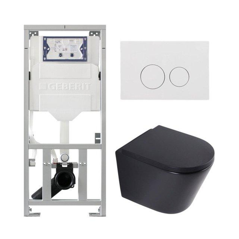 QeramiQ Dely Toiletset - 36.3x51.7cm - diepspoel - rimless - Geberit UP320 inbouwreservoir - softclose toilet zitting - 35mm - glans witte bedieningsplaat - ronde knoppen - mat zwart SW1235420