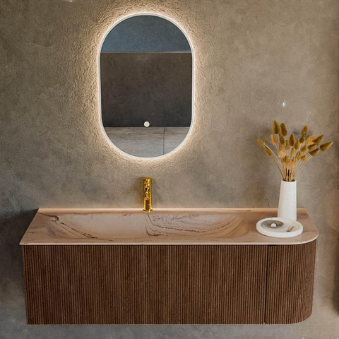MONDIAZ KURVE-DLUX Meuble de salle de bains 135cm arrondi à droite couleur Walnut avec 1 tiroir et 1 porte. Lavabo BIG MEDIUM à gauche 1 trou de robinet Arena. SW1431216