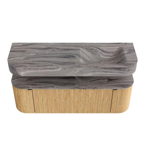 MONDIAZ THOR-DLUX 140cm badmeubel ronding links + rechts kleur Oak met 1 lade en 2 deuren. Vrijhangende wastafel CLOUD Rechts zonder kraangat kleur Sombra. SW1464342