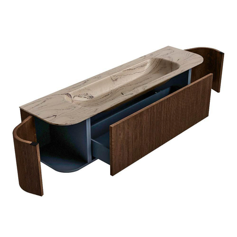 MONDIAZ KURVE-DLUX 170cm badmeubel ronding Links + Rechts kleur Walnut met 1 lade en 2 deuren. Wastafel BIG LARGE Midden zonder kraangat Arena. SW1431237