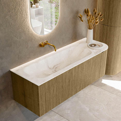 Mondiaz KURVE-DLUX Ensemble meuble de salle de bains - 135x46x40cm - 1 tiroir - 1 porte - lavabo solid surface - gauche - sans trou de robinet - Dusk SW1414901
