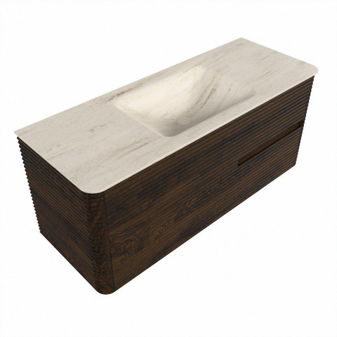 Mondiaz CIRO-DLUX Badkamermeubelset - 120x45x50cm - Solid surface wastafel Meli - 1 wasbak Midden - zonder kraangaten - 2 lades - Walnut SW1530485