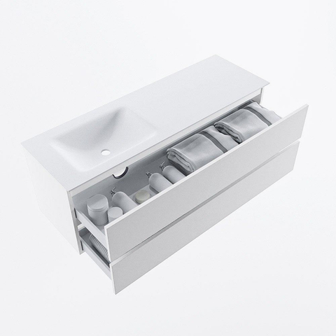 VICA Meuble de salle de bains 140cm sous-meuble Talc 2 tiroirs. Lavabo CLOUD gauche sans trou de robinet, couleur Talc. SW1172854