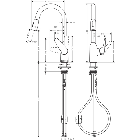 Hansgrohe Focus m42 1 greeps keukenkraan - 220 uittrekbare vuistdouche - 2 straalsoorten - hoogglans chroom SW241693