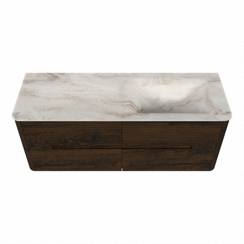 Mondiaz CIRO-DLUX Badkamermeubelset - 130x45x50cm - Solid surface wastafel Frappe - 1 wasbak Rechts - zonder kraangaten - 4 lades - Walnut SW1530322