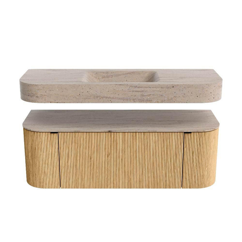MONDIAZ THOR-DLUX Meuble de salle de bains 130cm arrondi gauche + droite couleur Oak avec 1 tiroir et 2 portes. Vasque suspendue CLOUD Milieu sans trou de robinet couleur Saba. SW1464005