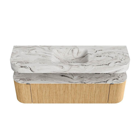 MONDIAZ THOR-DLUX 160cm meuble de salle de bains arrondi gauche + droite couleur Oak avec 1 tiroir et 2 portes. Vasque suspendue CLOUD Milieu sans trou de robinet couleur Glace. SW1464956